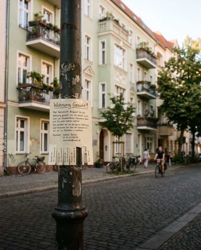 Wohnungsgesuch an einer Laterne im Kiez
